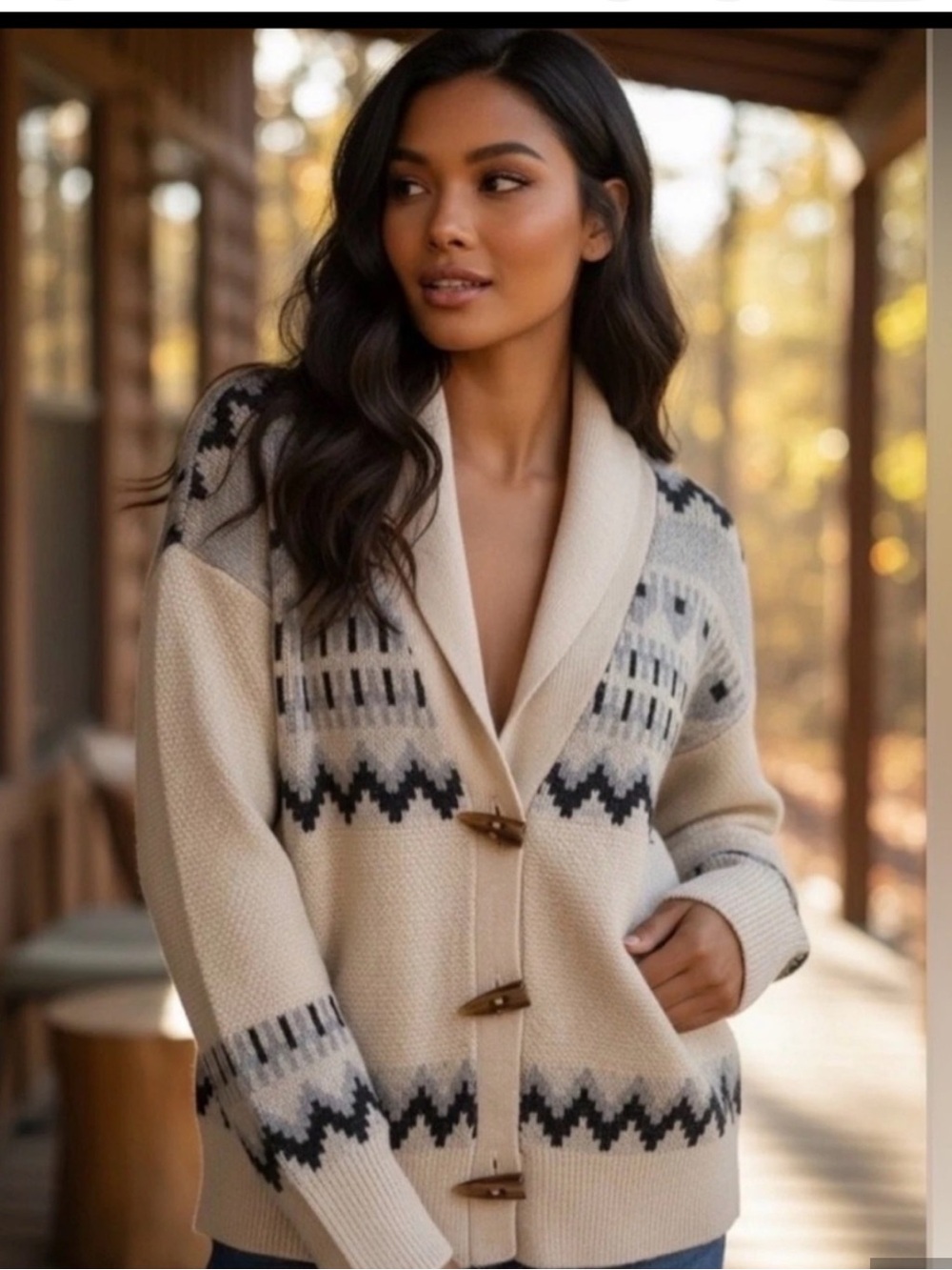 Frye Fair Isle Shawl-Collar Cardigan Cream & Black Large Like New